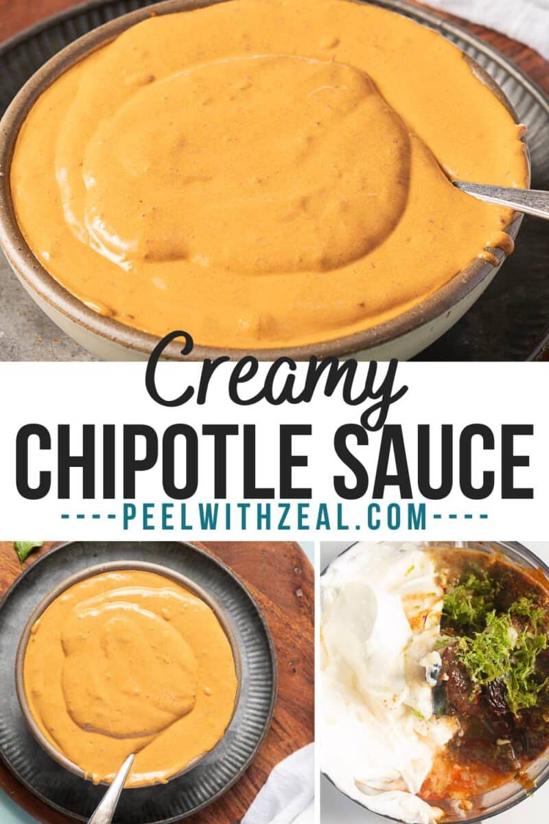 A bowl of creamy chipotle sauce with a spoon, viewed from above and side, surrounded by sour cream, chipotle, and herbs in a mixing bowl.