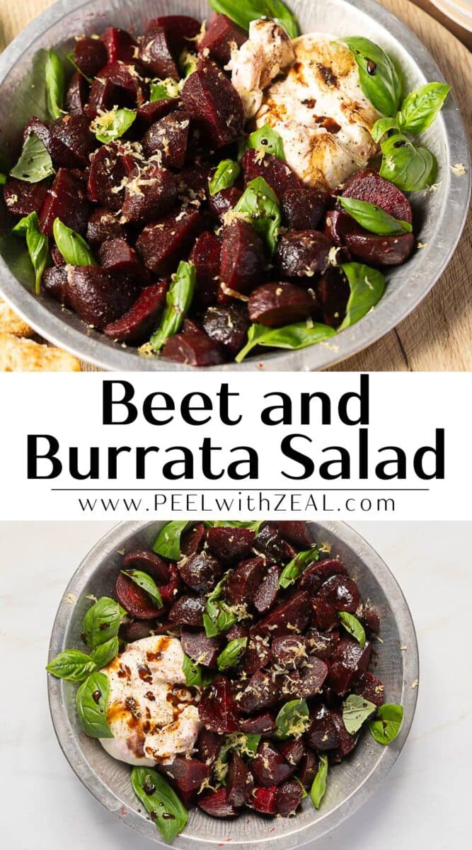 A metal bowl filled with beet and burrata salad, featuring roasted beets, fresh basil leaves, and creamy burrata cheese, all garnished with lemon zest.