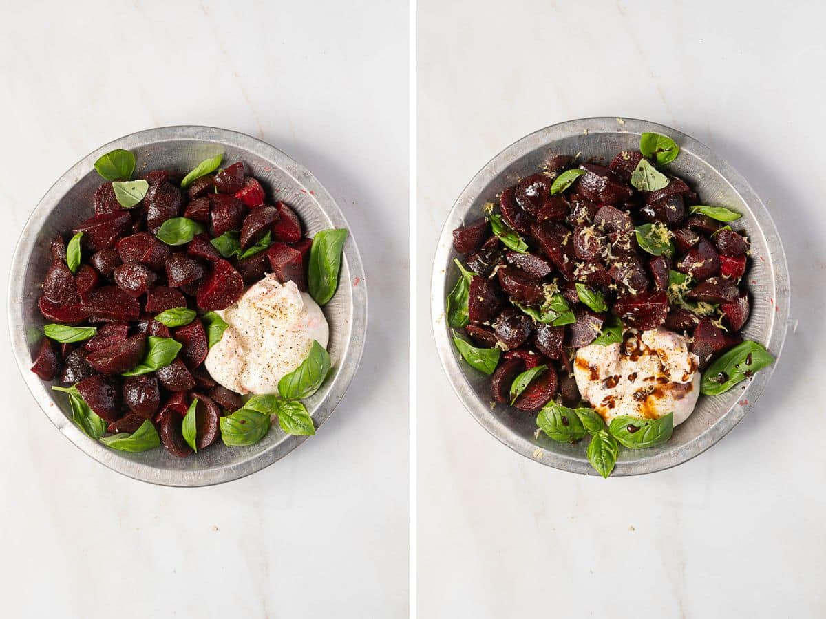 Two metal plates with roasted beet chunks, fresh basil leaves, and a dollop of cream; the right plate also has lemon zest and chili flakes sprinkled on top.