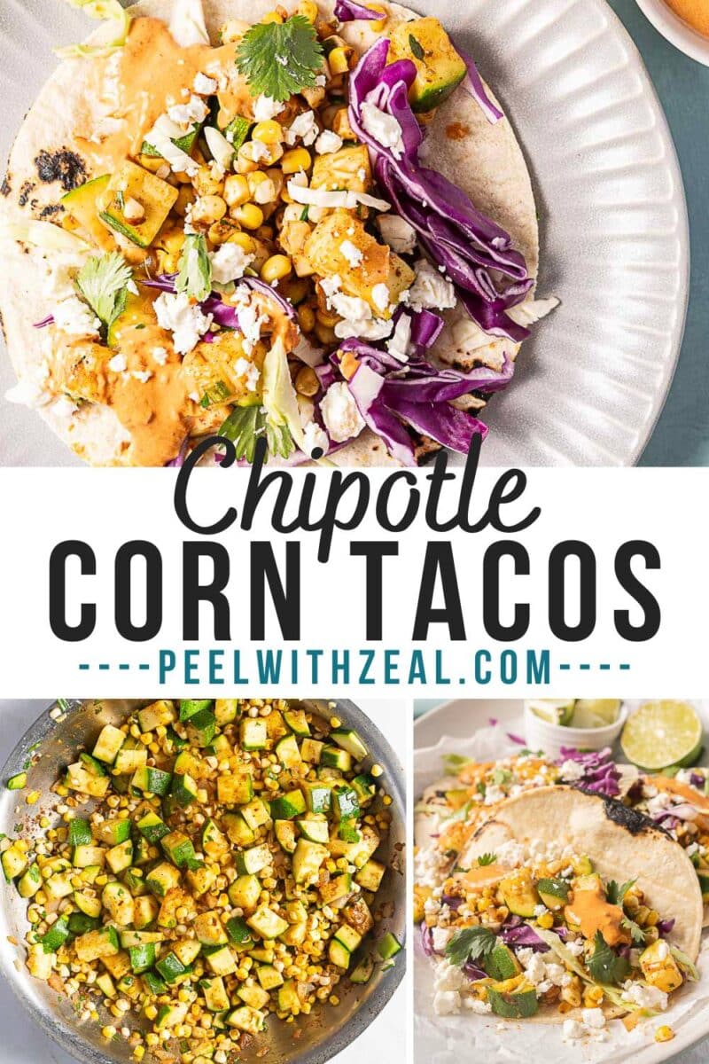 A plate of chipotle corn zucchini tacos topped with red cabbage, cilantro, and cheese, shown both assembled and with mixed vegetables in a pan.
