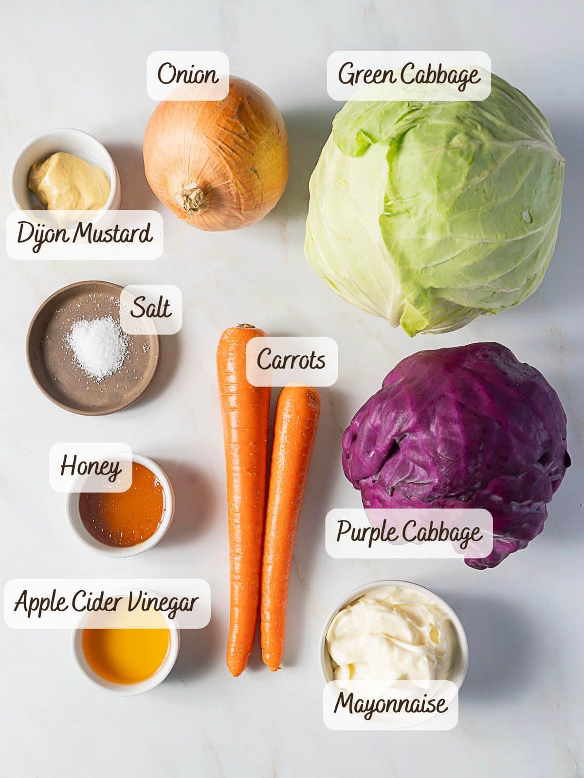 Ingredients for a sweet coleslaw recipe laid out on a white surface, including green and purple cabbage, onion, carrots, mayonnaise, honey, dijon mustard, salt, and apple cider vinegar.