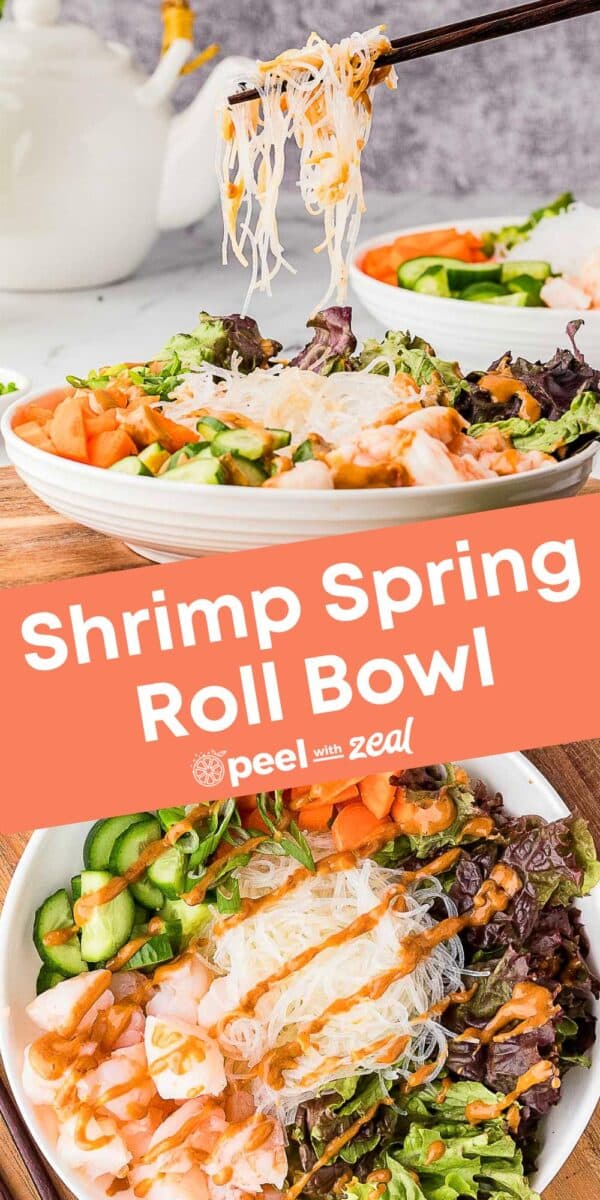 A bowl filled with shrimp, rice noodles, leafy greens, sliced cucumber, and carrots, with chopsticks holding noodles above the bowl.