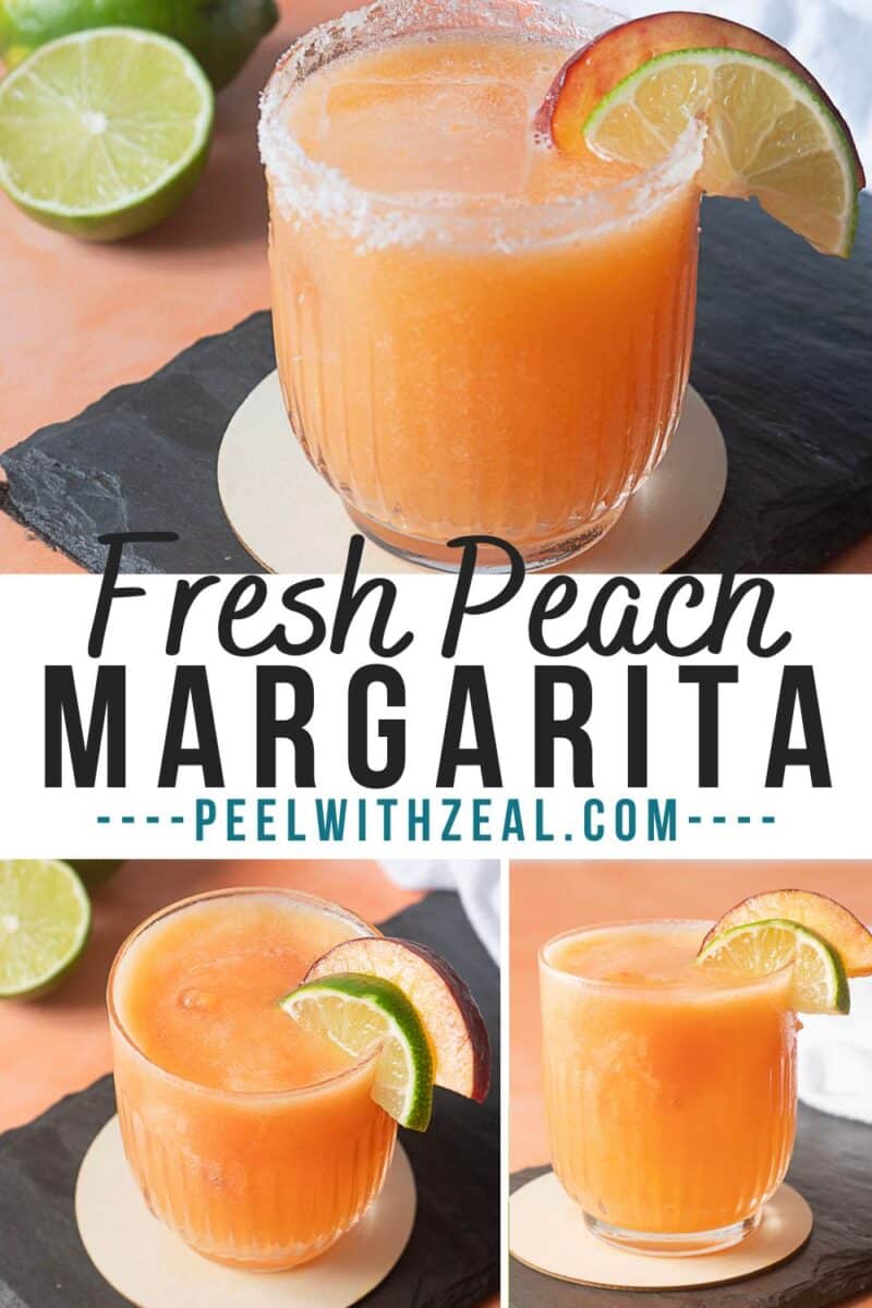 A glass of peach margarita with a salted rim and lime and peach slice garnish, shown from different angles