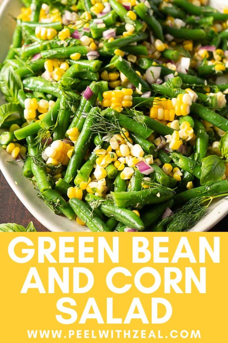 A plate of vibrant green bean corn salad with red onion, fresh herbs, and a light dressing is shown