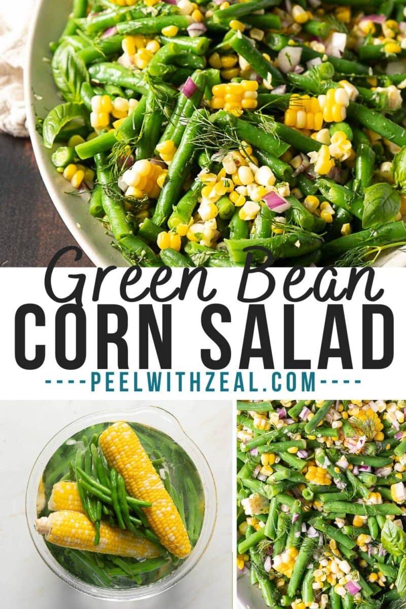 A green bean corn salad with chopped red onions in a bowl, shown from overhead, alongside a step of green beans and corn boiling. Text reads "Green Bean Corn Salad." Perfect for summer gatherings!.