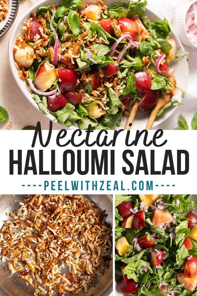 Overhead view of nectarine salad with greens, red onion, and crispy shredded halloumi