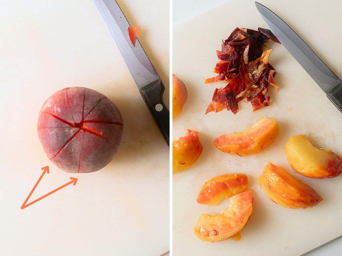 A peach with crosswise cuts on one side next to a knife on a cutting board; sliced plum pieces and removed skin on another board beside a knife.