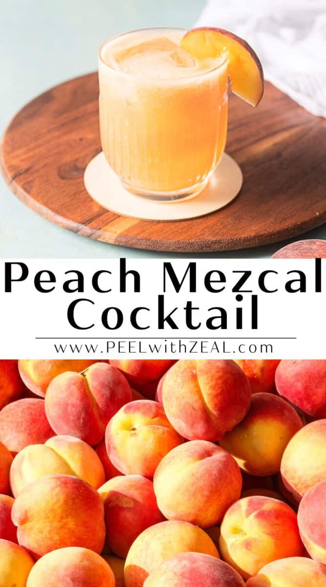 A glass of peach mezcal cocktail garnished with a peach slice, shown above a pile of fresh peaches