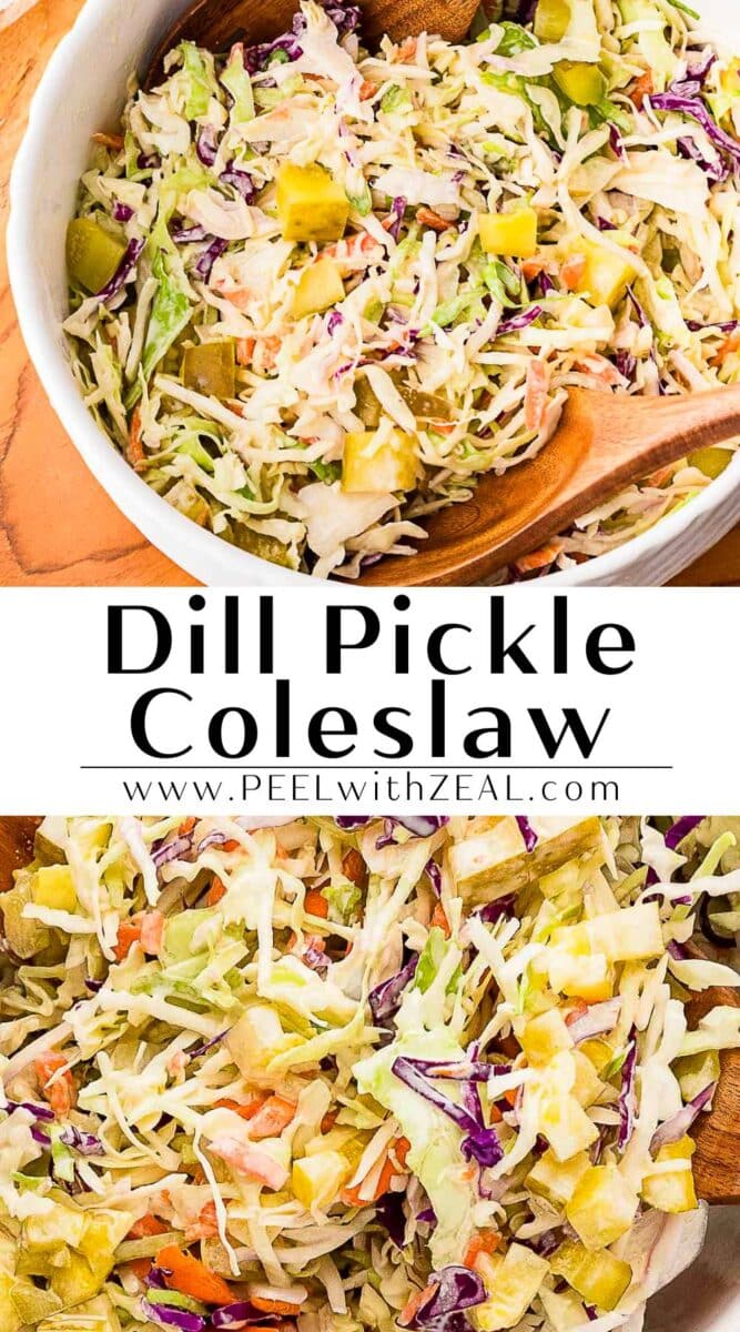 Two images of pickle slaw in a bowl with wooden utensils, showing shredded cabbage, carrots, and chopped pickles tossed in a creamy dressing.