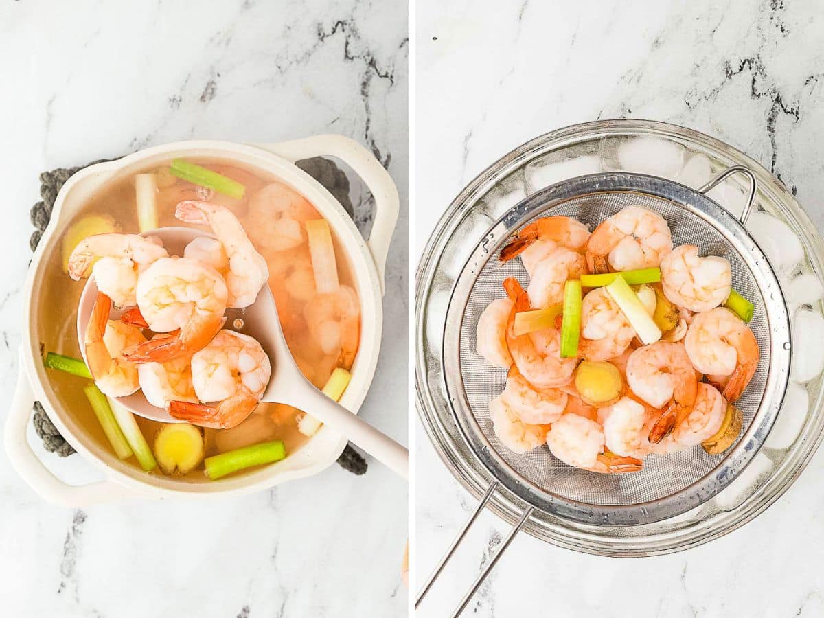 Two images showing shrimp being boiled with ginger and celery in a pot on the left, and drained in a strainer on the right, all on a white marble surface.