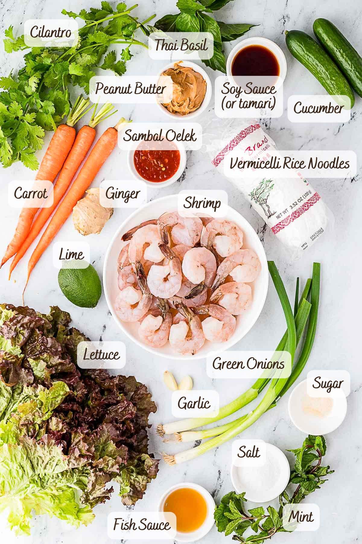 Assorted fresh ingredients for Vietnamese spring rolls, including shrimp, rice noodles, herbs, vegetables, sauces, lime, and seasonings, arranged on a white surface with labels.
