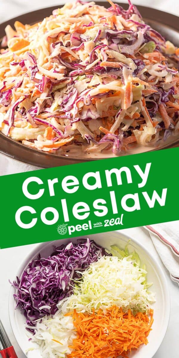 A bowl of creamy coleslaw is shown above, featuring shredded red cabbage, green cabbage, and carrots.