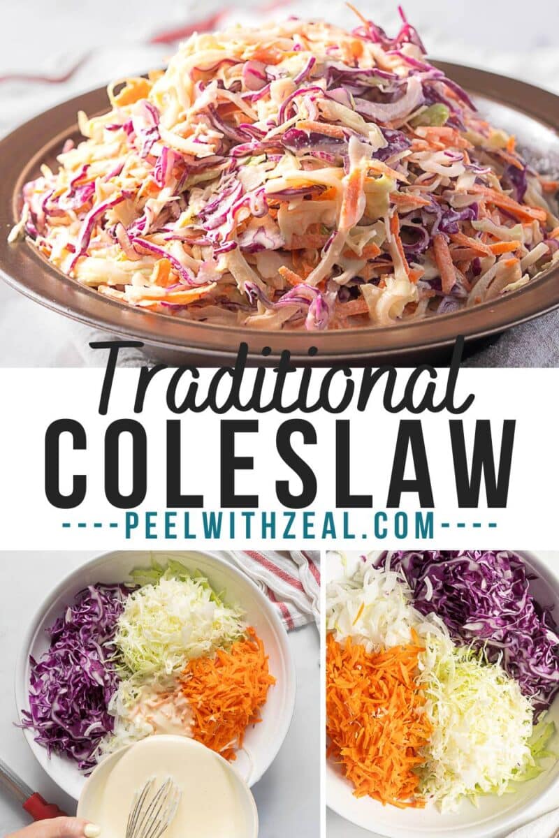 A plate of traditional coleslaw made with shredded purple and green cabbage, carrots, and onions. Two bowls below show the raw ingredients and a bowl of dressing. Text reads "Traditional Coleslaw"—a classic sweet coleslaw recipe.