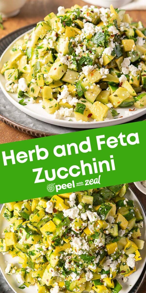 A plate of chopped zucchini salad mixed with herbs, sauteed zucchini and squash, and topped with crumbled feta cheese.