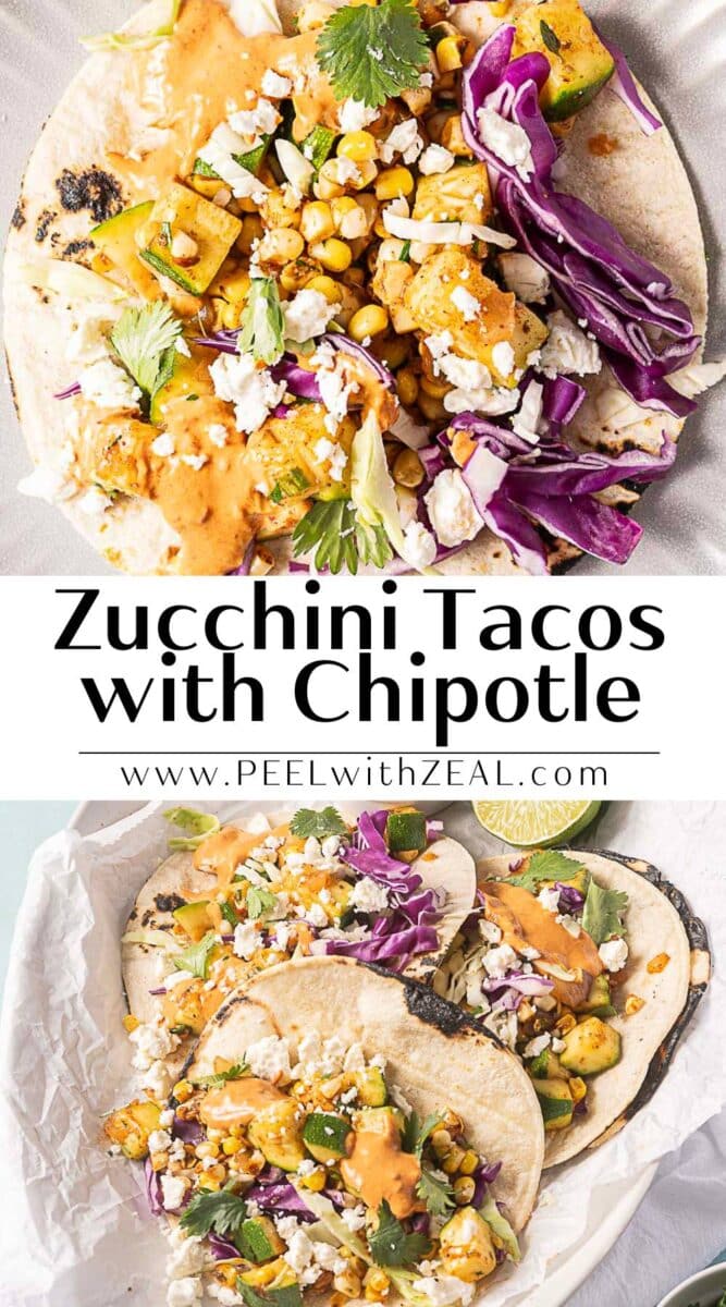 Two soft zucchini tacos filled with corn, red cabbage, cilantro, crumbled cheese, and chipotle sauce are displayed on a light background.