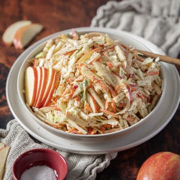 A bowl of coleslaw with shredded cabbage, carrots, and apple slices, served with a wooden spoon, salt in a small red dish, and a red apple on the side.