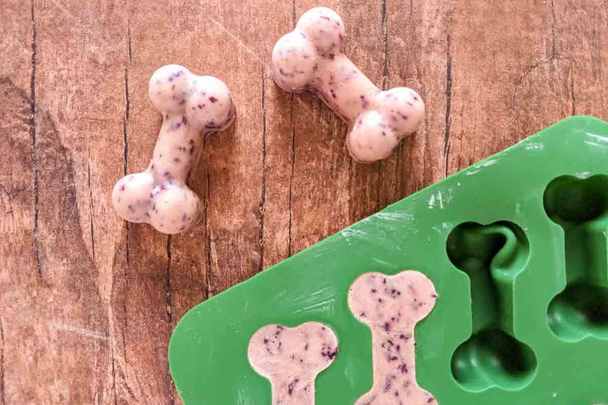 Two bone-shaped treats and a green silicone mold with similar homemade pup treats rest on a wooden surface-perfect summer dog treats or dog snacks for your furry friend.