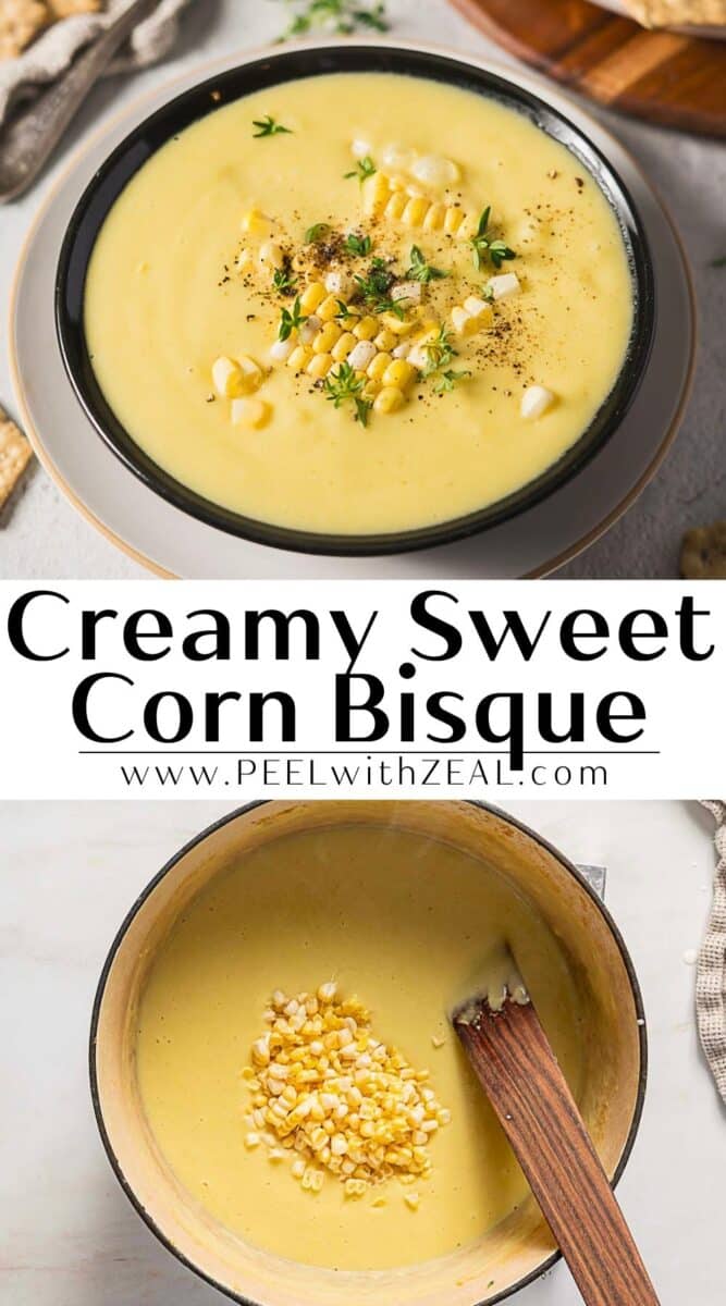 Bowl and pot of creamy corn bisque garnished with corn kernels, black pepper, and fresh herbs; a wooden spoon rests in the pot.