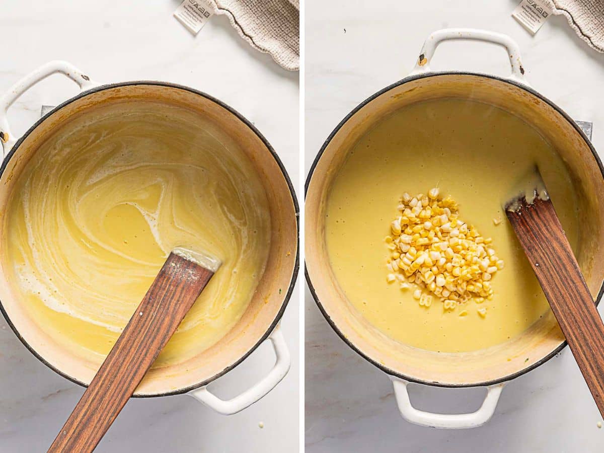 Two images show a white pot with a wooden spatula; the left has a creamy sauce, the right shows the sauce with chopped corn added.