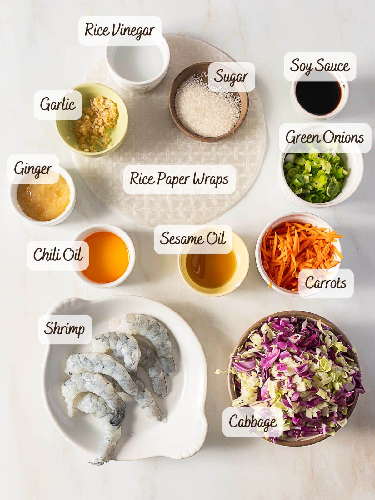A flat lay of labeled ingredients for shrimp spring rolls and rice paper dumplings, including rice paper wraps, shrimp, vegetables, sauces, and seasonings on a white surface.