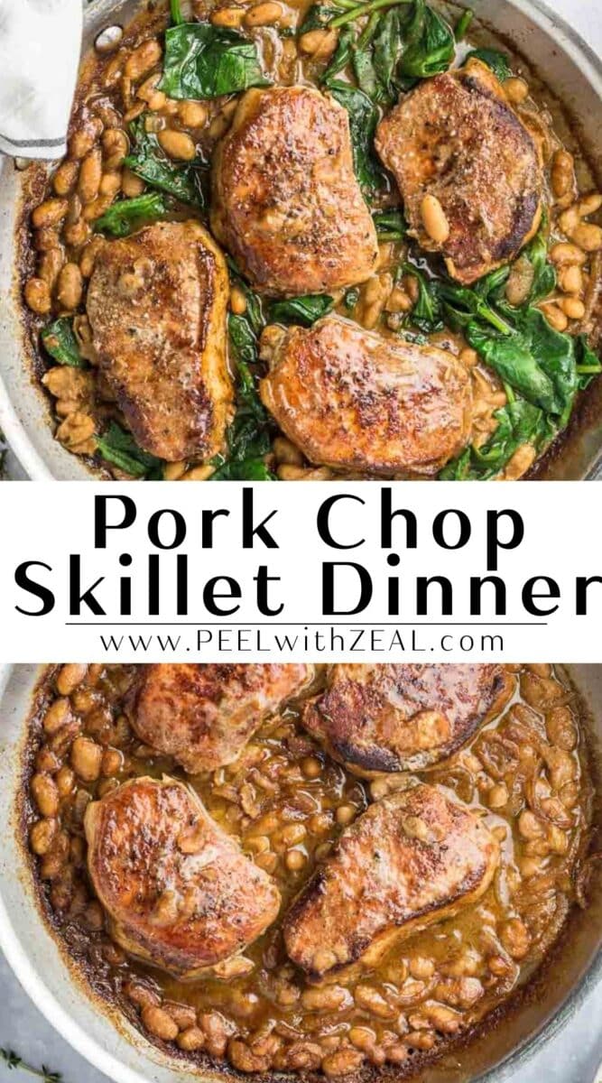 Skillet with seared pork chops, white beans, and fresh spinach, shown before and after adding spinach, with text reading "Pork Chop Skillet Dinner.