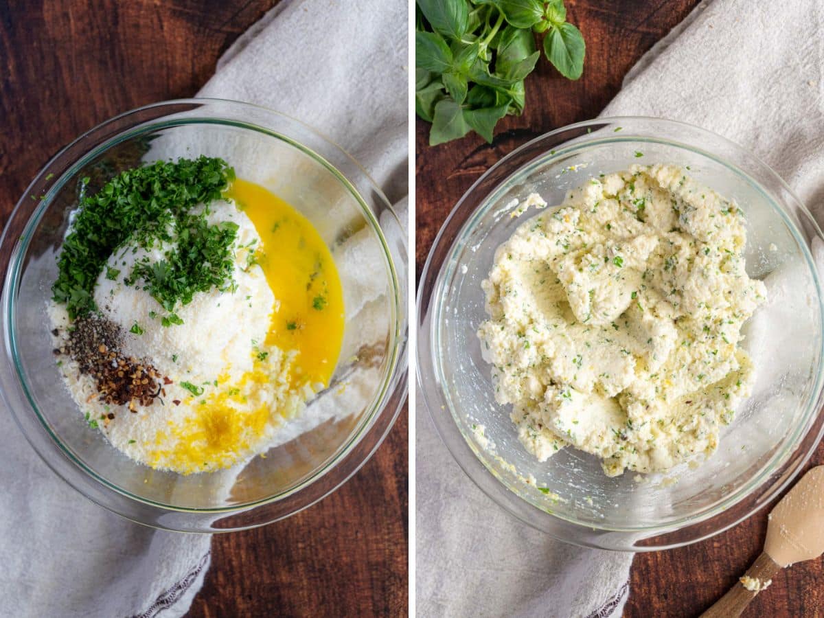 Two glass bowls on a wooden surface: the left holds unmixed ricotta, egg, cheese, herbs, and spices; the right shows the same ingredients mixed together.