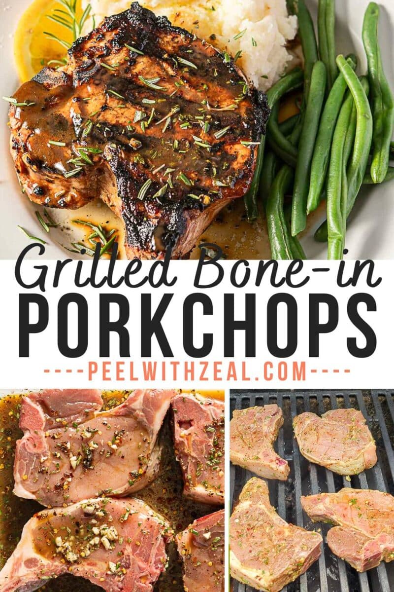 A marinated grilled pork chop served with green beans and rice, shown alongside raw and seasoned pork chops and pork chops cooking on a grill.