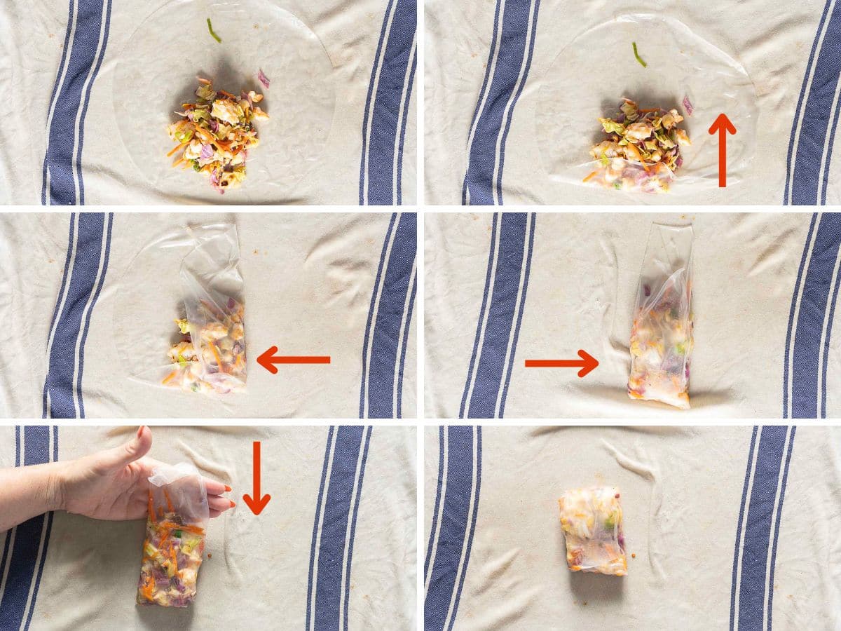 Step-by-step process showing hands folding a wrapper around a filling on a cloth, demonstrating how to make a spring roll.