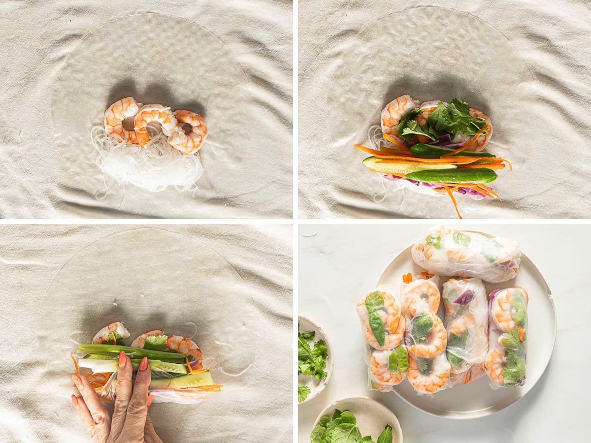 Four-panel image showing the step-by-step process of assembling shrimp spring rolls with vegetables and noodles, ending with a plate of completed rolls.