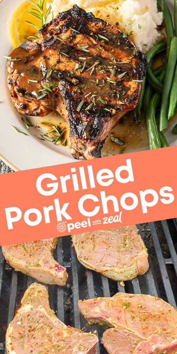 A plate with marinated grilled pork chops topped with sauce, mashed potatoes, green beans, and lemon; below, raw pork chops cooking on a grill. Text reads "Grilled Pork Chops.