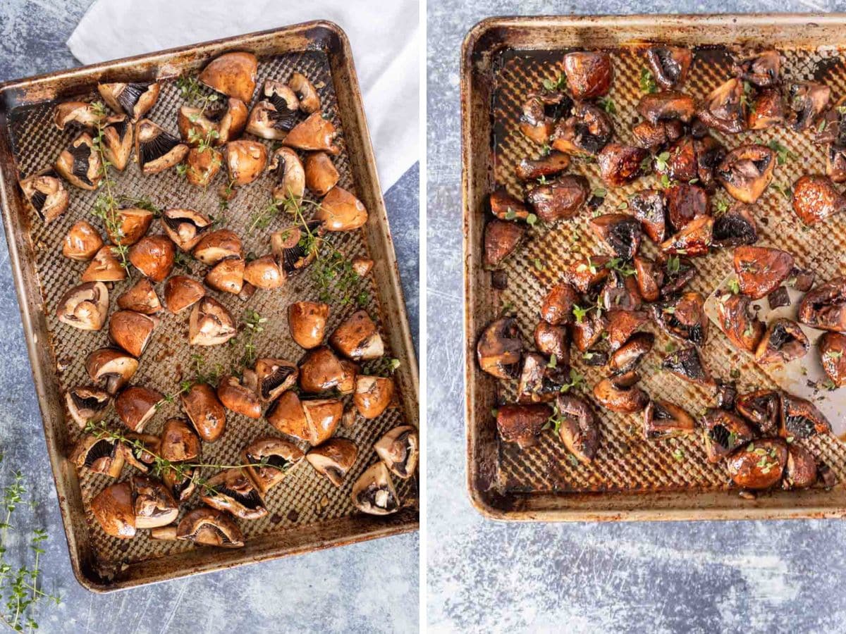 Two side-by-side images of a baking sheet with mushrooms; left shows raw, chopped mushrooms, right shows the same mushrooms roasted and browned.