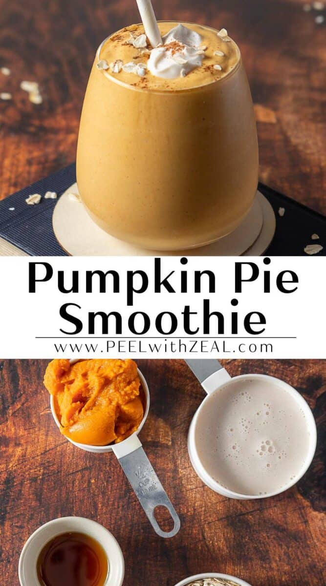 A glass of pumpkin smoothie, reminiscent of pumpkin pie, topped with whipped cream and cinnamon, with ingredients like pumpkin puree, milk, and vanilla extract displayed below.