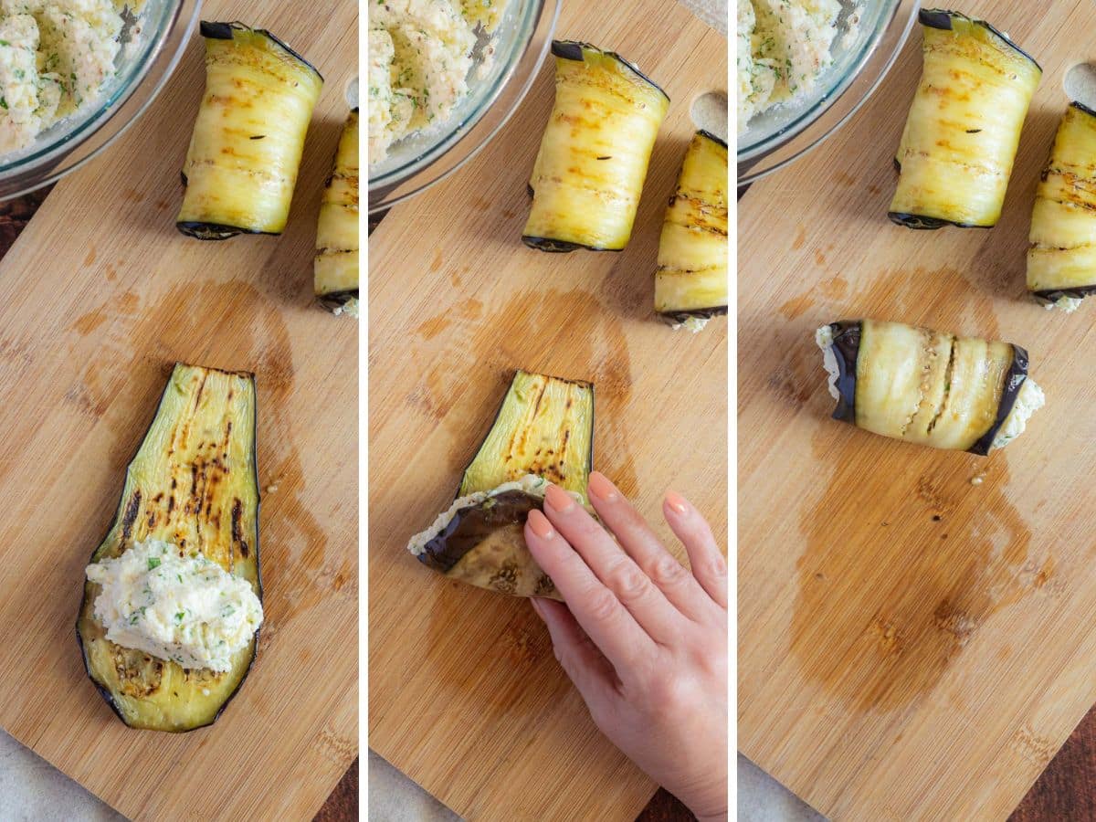 Three-panel image showing the process of rolling ricotta filling in grilled eggplant slices on a wooden cutting board.