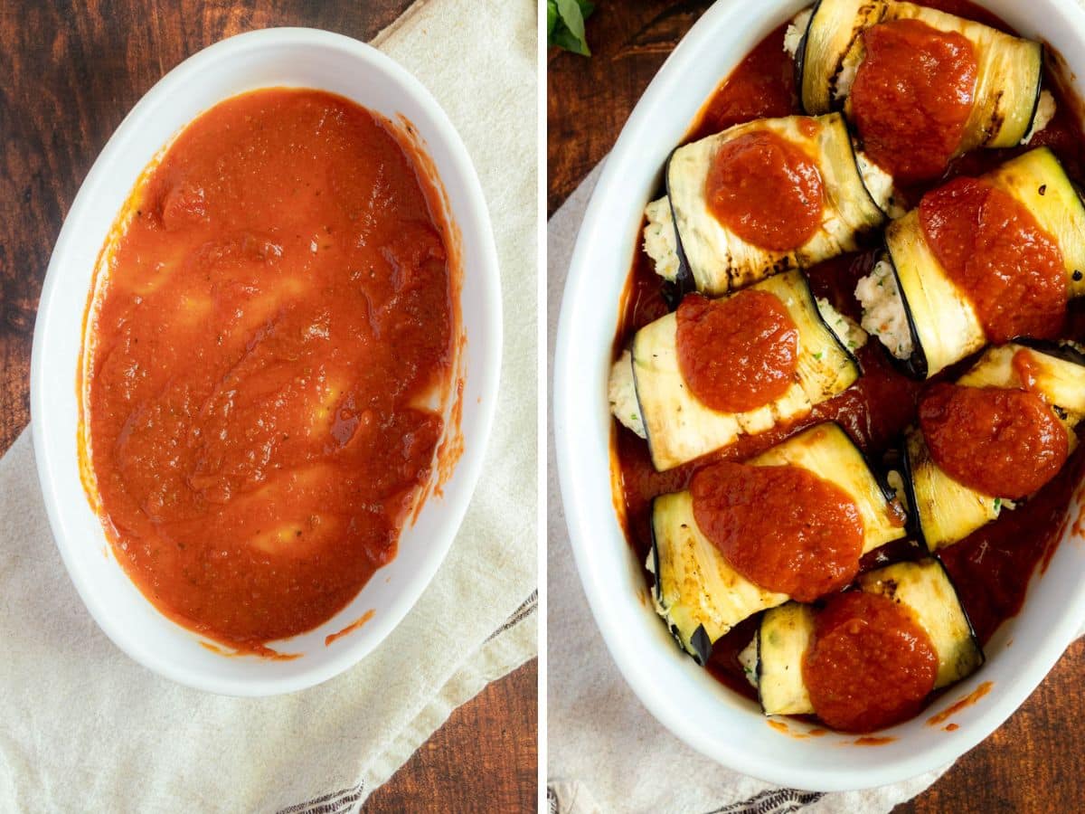 Two-panel image: left shows an oval baking dish with tomato sauce spread on the bottom; right shows zucchini roll-ups filled with ricotta, topped with tomato sauce in the same dish.