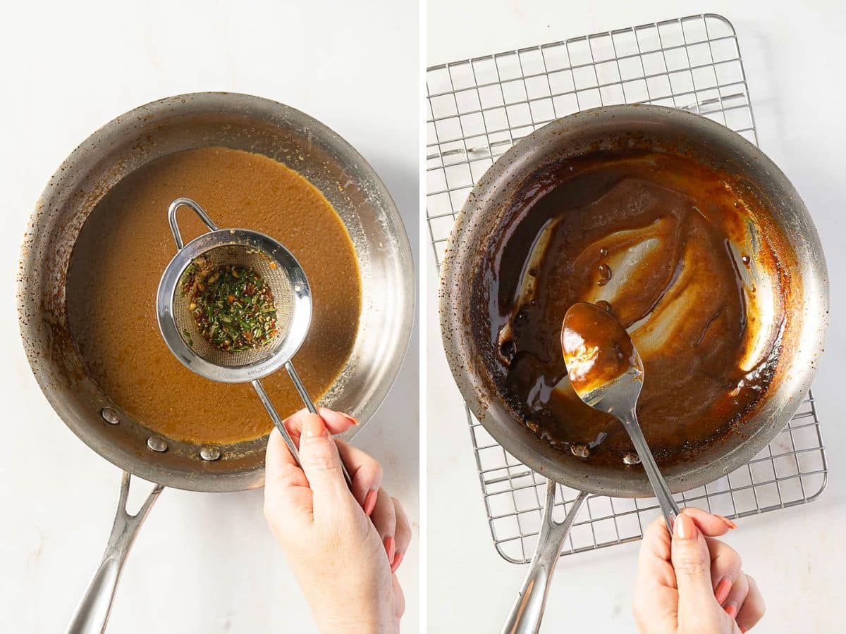 Two images: on the left, herbs are being strained into a pan of brown liquid; on the right, a spoon stirs thickened sauce in the same pan on a cooling rack.