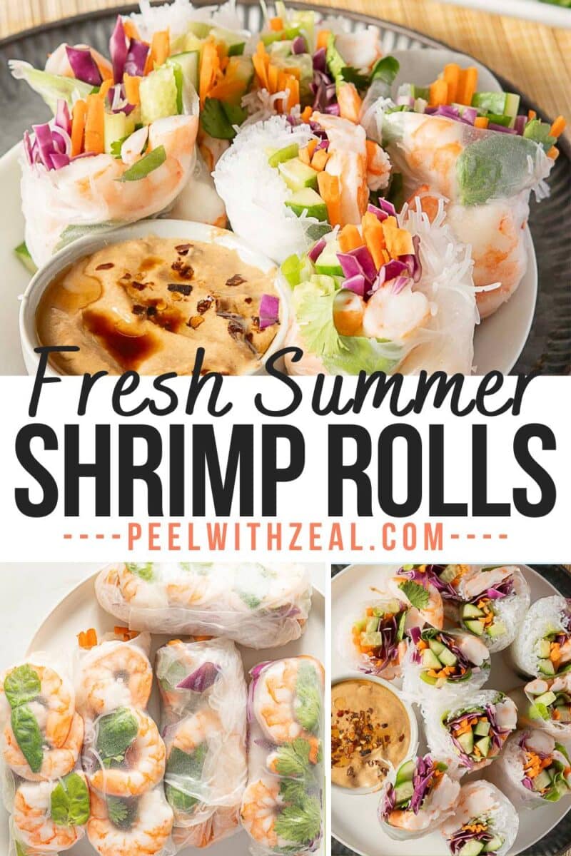 A plate of shrimp summer rolls filled with shrimp, crisp vegetables, and fresh herbs, served with dipping sauce. The text reads, "Fresh Summer Shrimp Rolls - peelwithzeal.com.