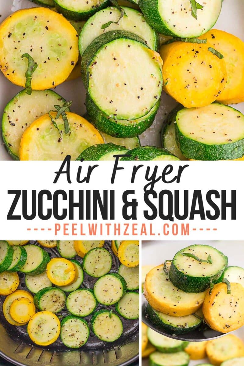 Sliced zucchini and yellow squash seasoned with herbs and pepper, cooked to perfection in an air fryer. This easy air fryer zucchini and squash recipe is served on a white plate with a "peelwithzeal.com" text overlay.