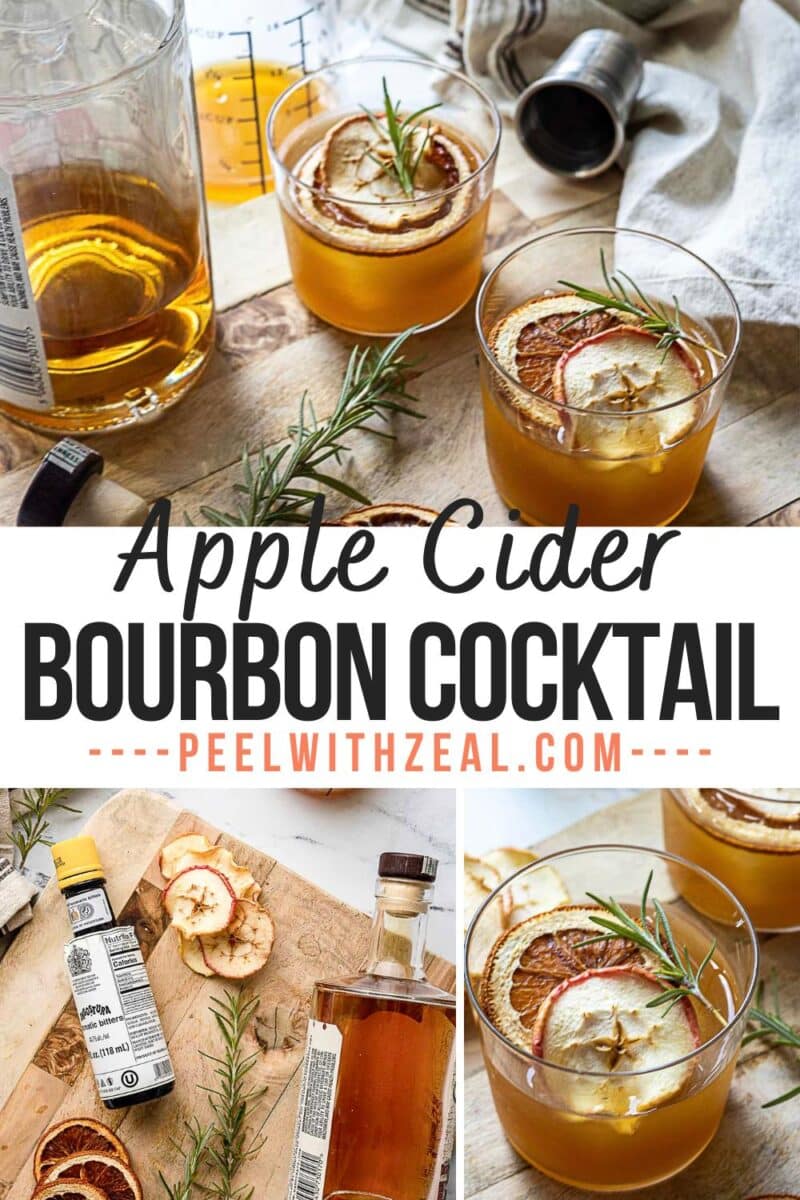 Three glasses of bourbon apple cider cocktail garnished with dried apple slices and rosemary, surrounded by fresh ingredients and bar tools on a rustic surface.
