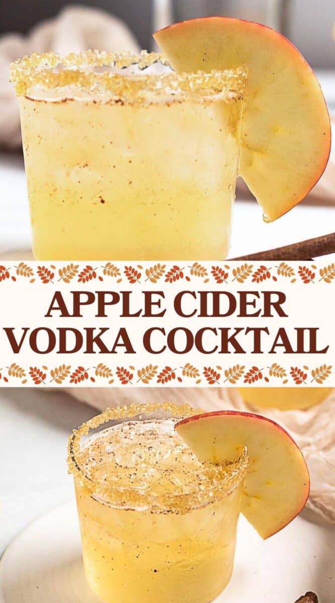 Two glasses of an Apple Cider Moscow Mule with sugared rims and apple slice garnishes, shown from different angles.