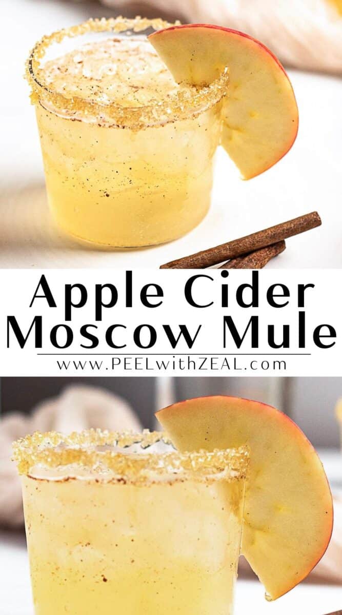 A glass of Apple Cider Moscow Mule with a cinnamon sugar rim, garnished with an apple slice and served with a cinnamon stick beside the glass.