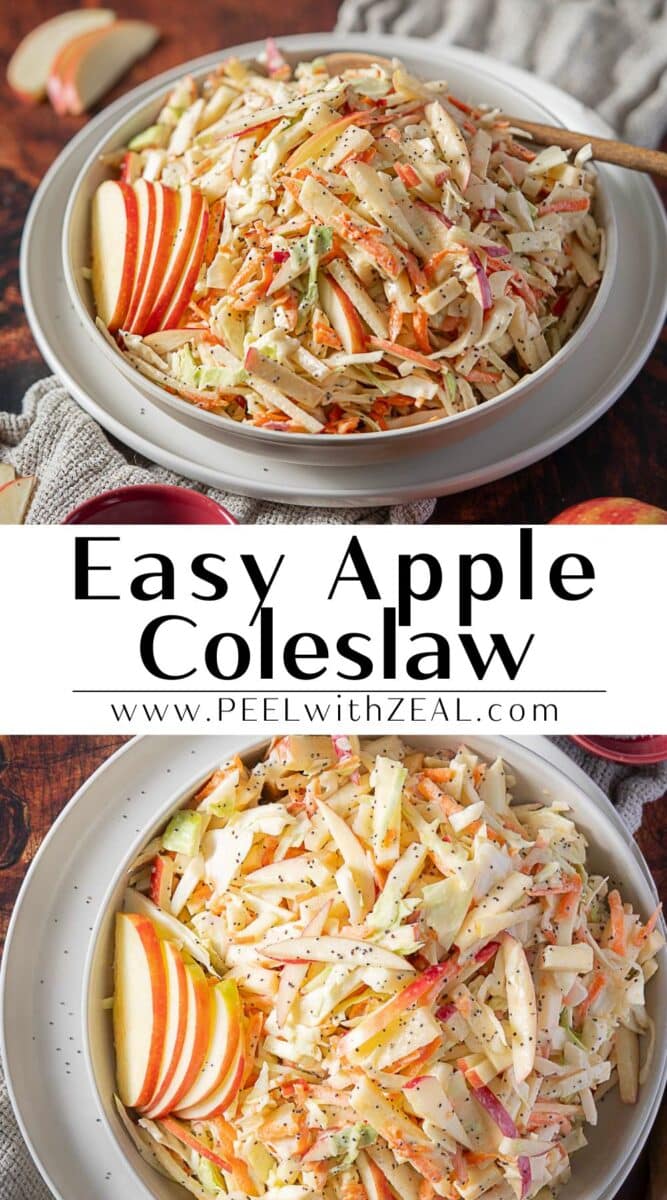 A bowl of apple coleslaw with shredded cabbage, carrots, and apple slices, garnished with poppy seeds, shown from two angles.