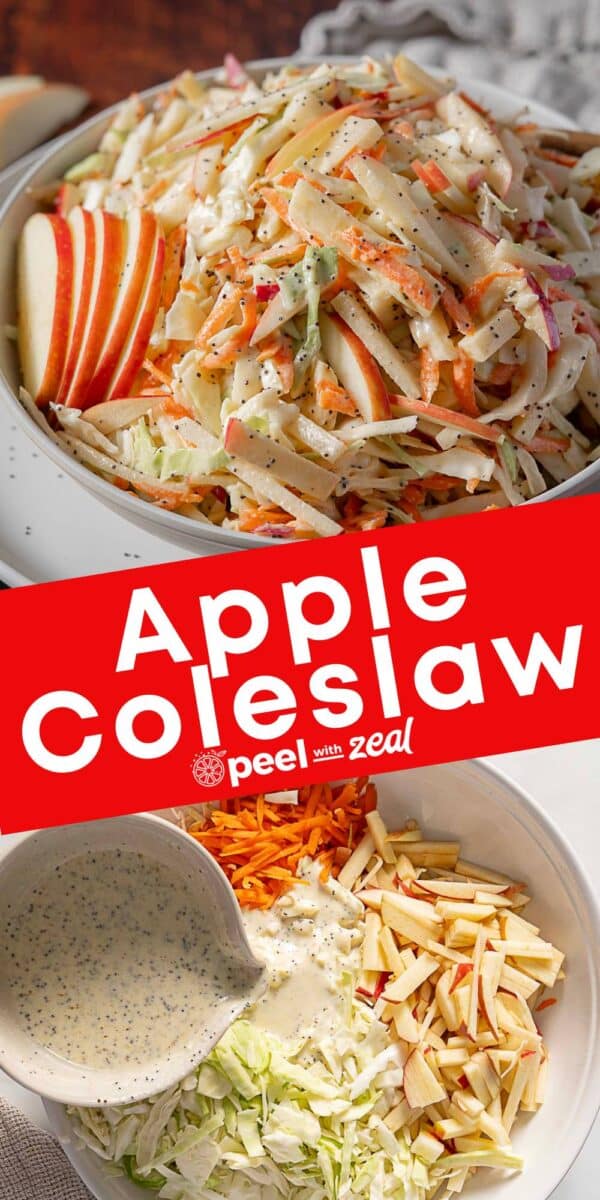 A bowl of apple coleslaw with sliced apples and carrots, next to a bowl of coleslaw ingredients and dressing being poured over them.