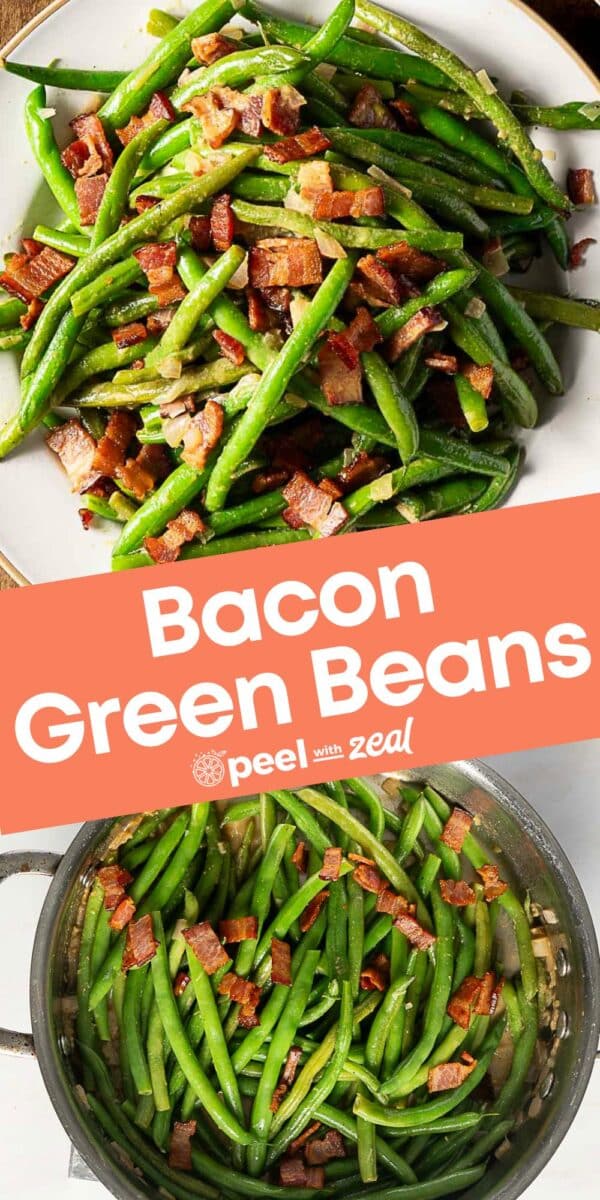A plate and a pan of bacon green beans, featuring tender green beans mixed with crispy bacon pieces
