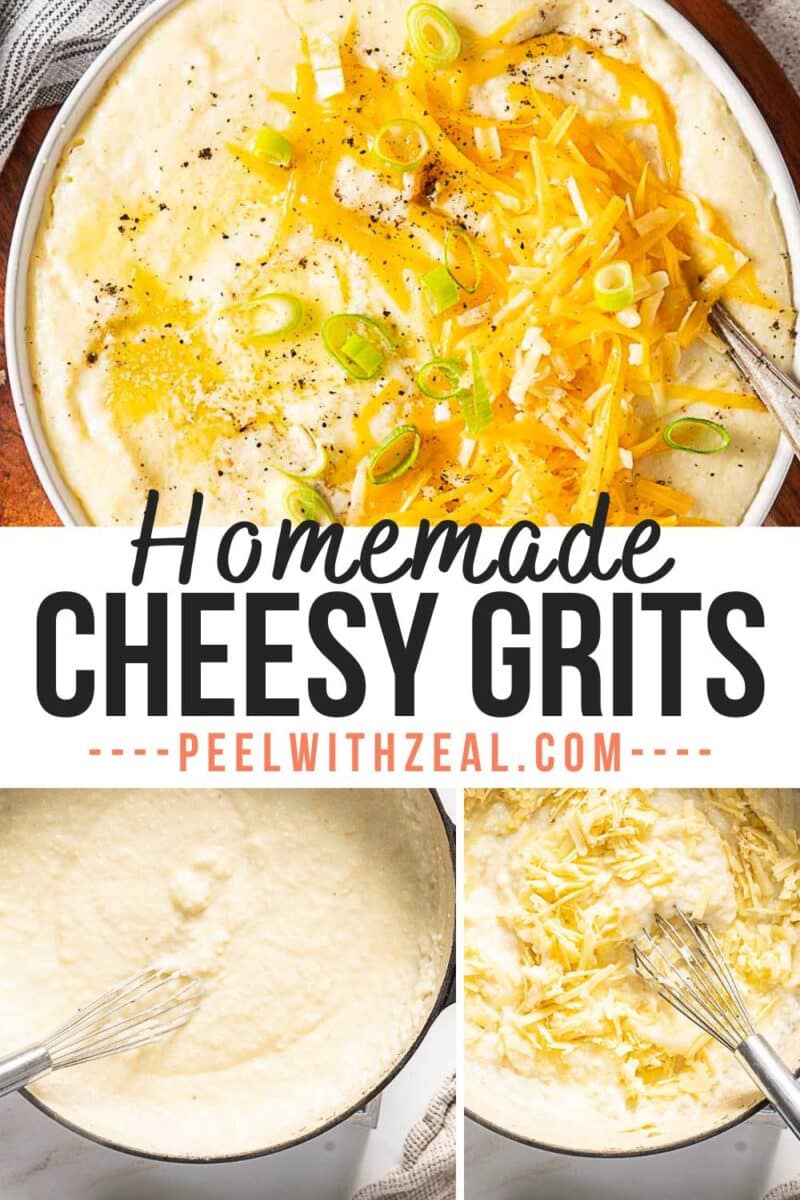 A bowl of cheddar grits topped with shredded cheese, sliced green onions, and pepper, with two smaller images showing grits being cooked and cheese being mixed in.