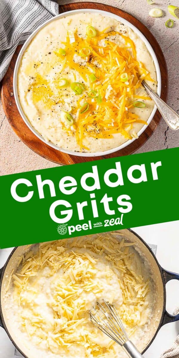 A bowl and a pot of creamy cheddar grits topped with shredded cheese and sliced green onions, shown from above with a spoon and a whisk. Text overlay reads "Cheddar Grits." Perfect for cheddar grits lovers craving comfort food.