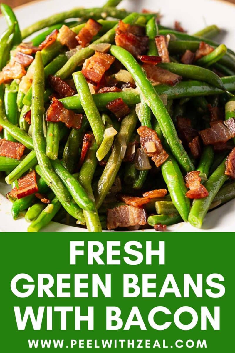 A plate of bacon green beans mixed with chopped onions