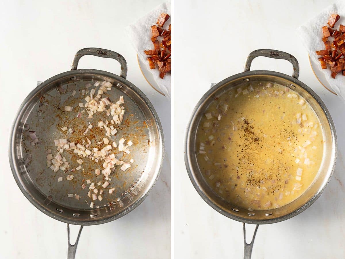 Side-by-side images of a skillet: left shows chopped onions saut&eacute;ing, right shows onions simmering in broth with black pepper; chopped cooked meat on paper towel in background.