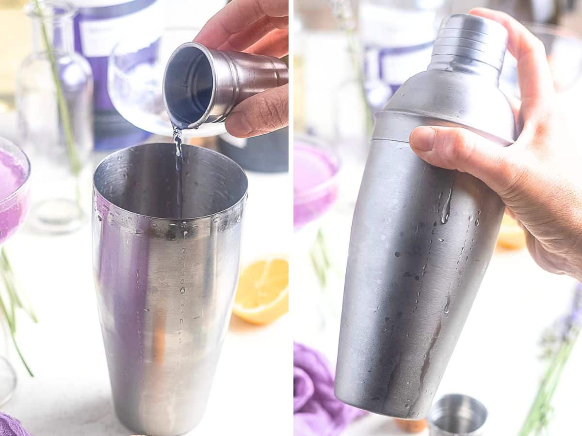 Two-panel image: On the left, a hand pours liquid into a metal cocktail shaker; on the right, the shaker is closed and held, ready to be shaken.