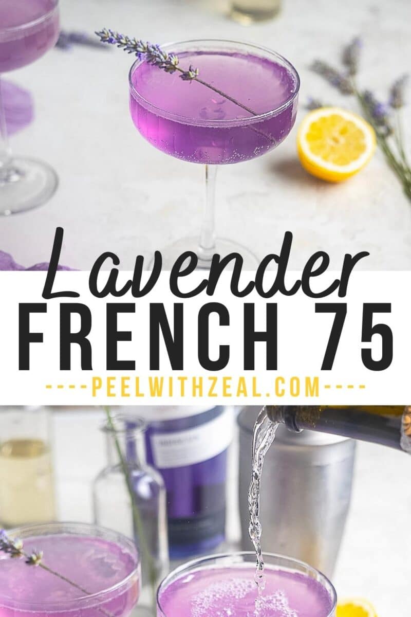 A glass of purple Lavender French 75 cocktail garnished with a lavender sprig sits beside a bottle, cocktail shaker, and lemon half. The text overlay highlights the refreshing elegance of the lavender french 75.