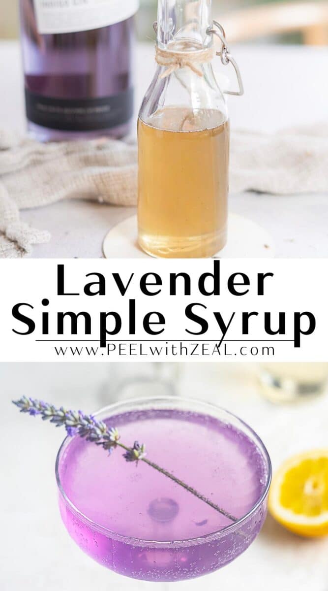 A bottle of lavender simple syrup sits on a coaster; below, a vibrant purple cocktail infused with lavender simple syrup and garnished with a lavender sprig is shown.